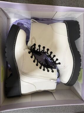 Madden Girl White Combat Boots with Black Laces & Lug Sole